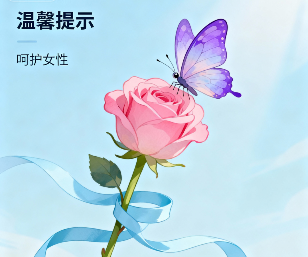 jimeng-2025-11-18-6407-温馨提示  爱心 呵护 女性卡通意象 比如蝴蝶 玫瑰花 这种 ，主色调以蓝色为主.png